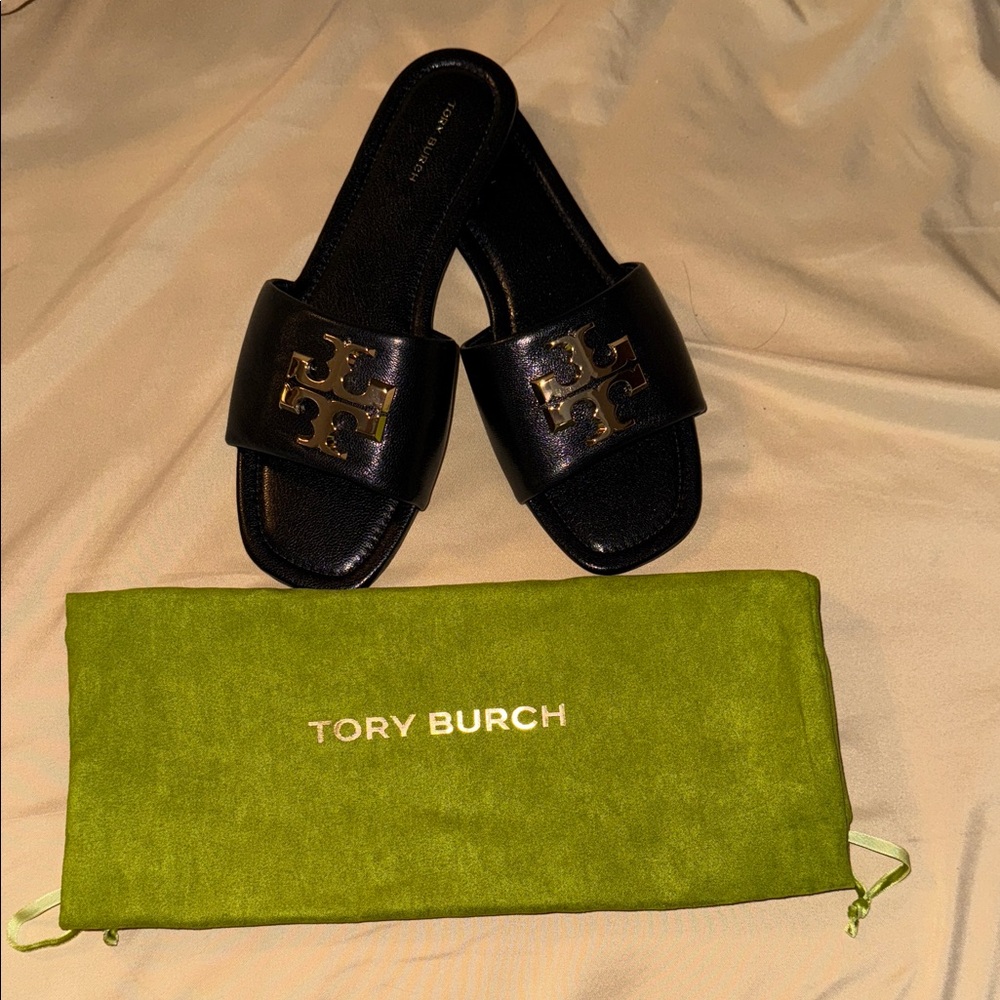 Tory Burch Black Slides with Gold Logo